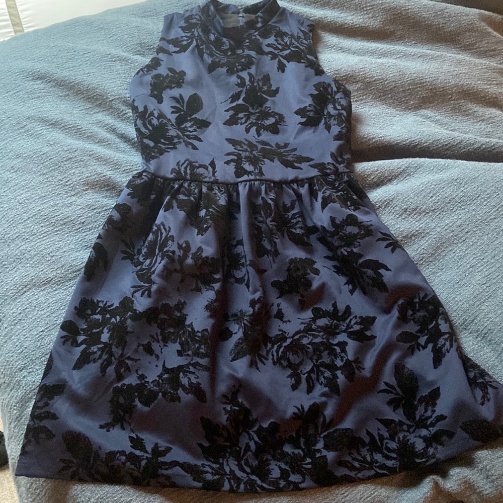Navy dress with black suede flowers